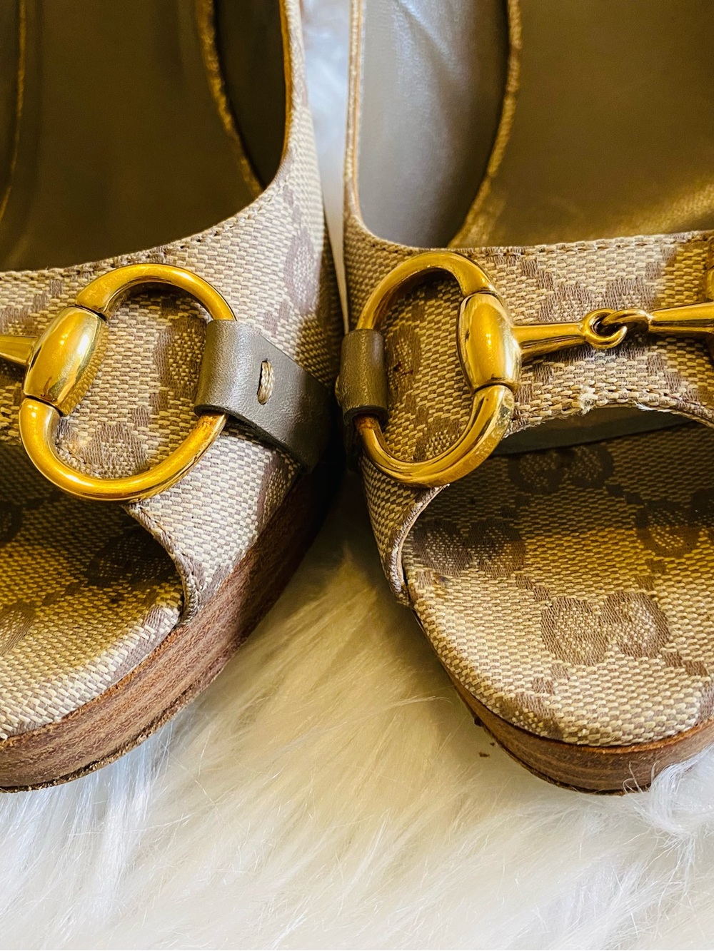 🛍️Gucci Authentic Horsebit Canvas Peep-Toe Pumps & All Original Packaging - Picture 15 of 17